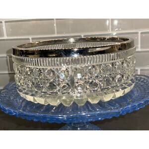 Vintage 8” English Button and Cane Crystal Serving Bowl With Silver Plated Rim